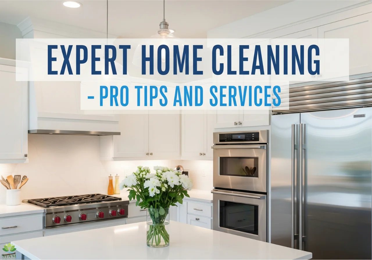 Expert home cleaning tools on a spotless kitchen countertop with microfiber cloth and spray bottle.