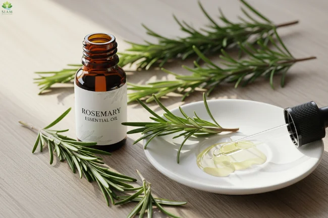 Amber glass bottle of rosemary essential oil with fresh rosemary sprigs, a small ceramic dish with rosemary oil, and a dropper on a wooden surface, evoking natural skincare and wellness.