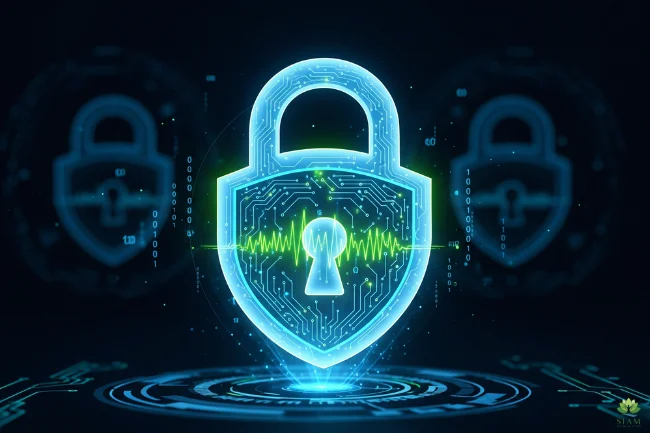 Glowing blue padlock shield symbol on a digital circuit background, representing security and encryption features on itradercoin.com.