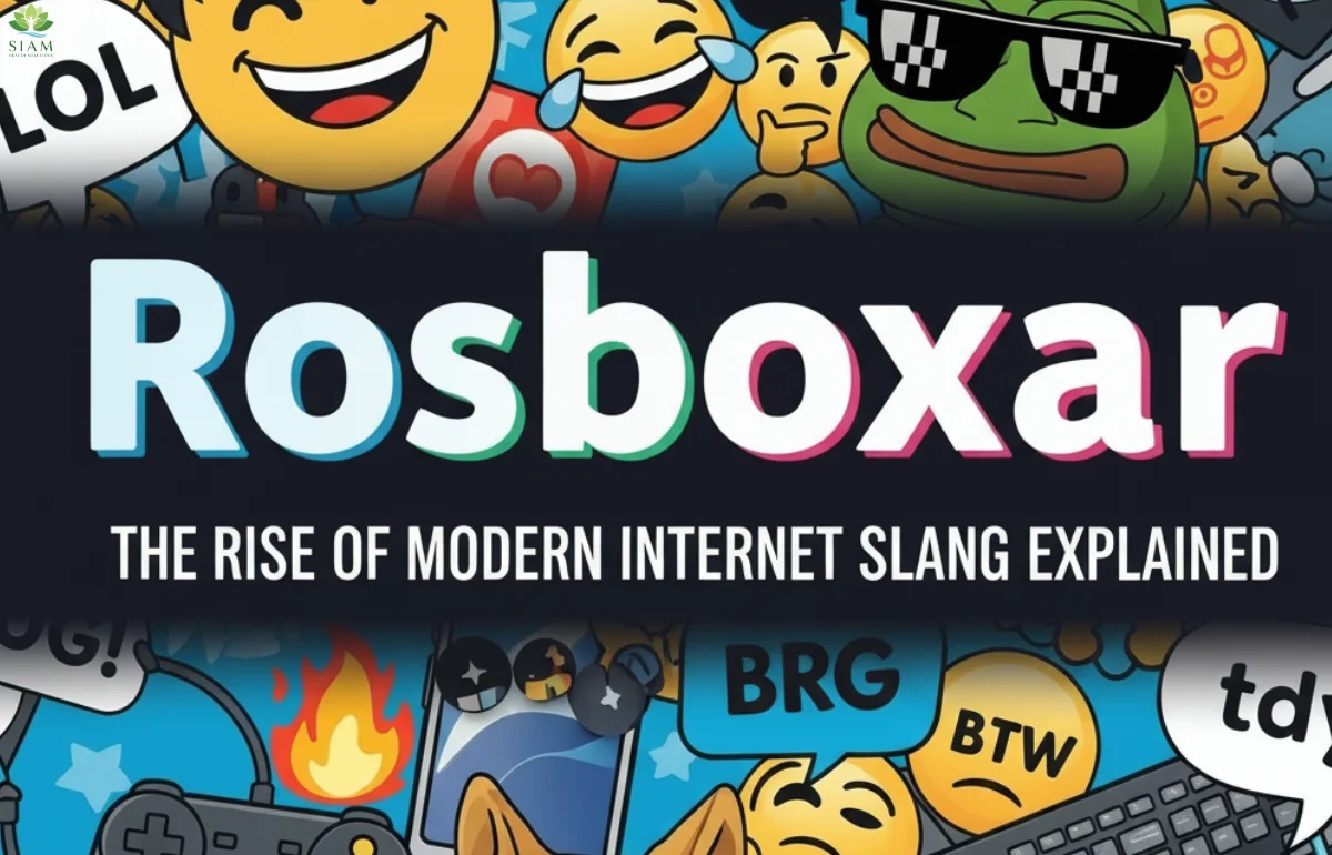 Vibrant 2D digital illustration featuring the term 'Rosboxar' in bold, playful font, with emojis, gaming symbols, and stars on a bright purple background, representing modern internet slang and meme culture.