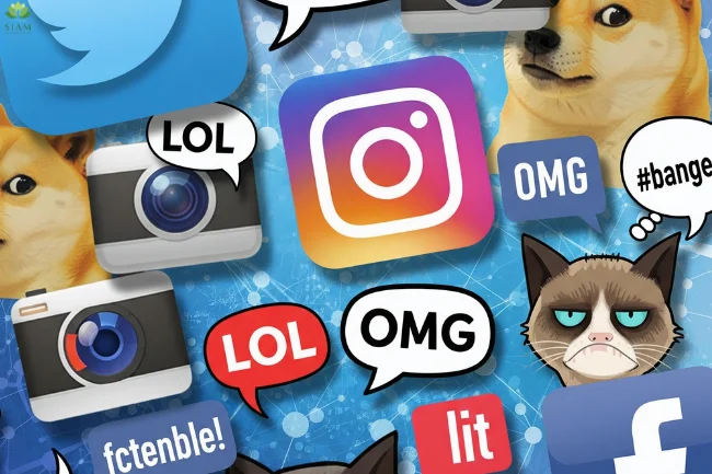 Vibrant digital illustration featuring popular social media icons (Twitter, Facebook), meme characters, hashtags, and the term 'Rosboxar' against a bright yellow background, symbolizing internet slang and trends on social platforms.