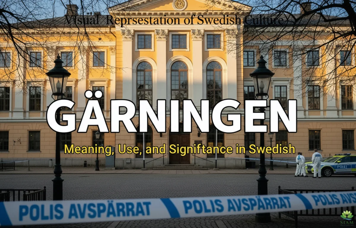 Scenic view of Swedish architecture with a crime scene investigation in the foreground. The word 'GÄRNINGEN' prominently displayed in bold white letters, with the subheading 'Meaning, Use, and Significance in Swedish