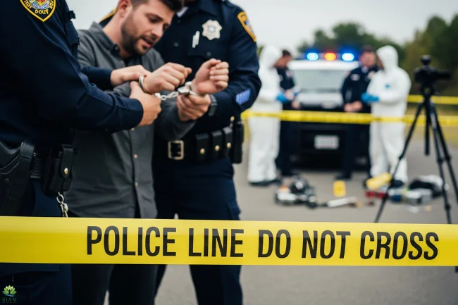 Daytime crime scene with yellow police tape reading 'POLICE LINE DO NOT CROSS' and the phrase 'CAUGHT IN THE ACT' in bold white letters. In the background, police officers are apprehending a suspect while a crime scene investigator photographs evidence, with a marked police car nearby.