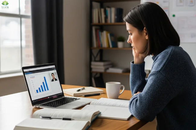 A young woman with headphones watching an educational video on a laptop, taking notes while a male instructor explains a lesson on the screen. The setting features a warm, light-filled room with a bookshelf and potted plant in the background, highlighting the use of 40starhd for learning and interactive tutorials.