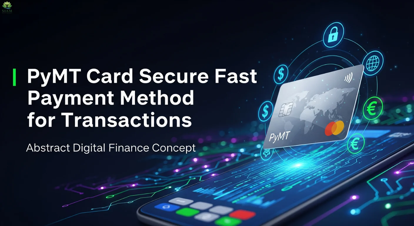 PyMT Card – Secure and fast payment method for transactions, illustrated with a digital credit card, lock icon, globe, and currency symbols on a glowing tech background.