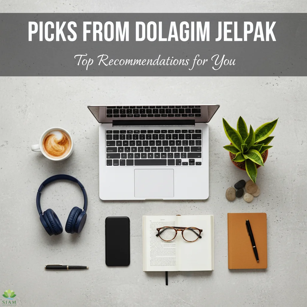 Flat lay of curated lifestyle items including a coffee mug, smartwatch, smartphone, plant, book, headphones, and water bottle with bold text ‘Picks from Dolagim Jelpak – Top Recommendations for You.