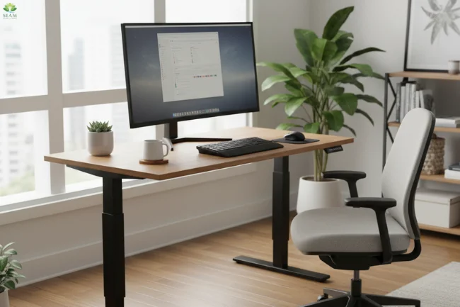 A modern black standing desk in a home office with a computer and plants, promoting a healthy and productive workspace.
