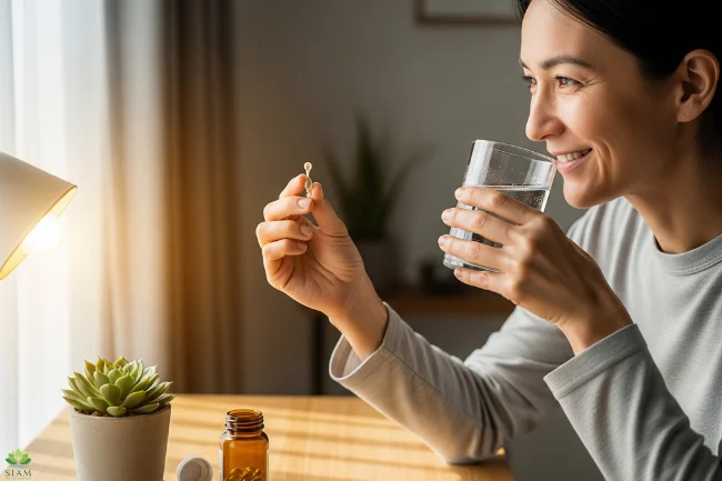 Daily Use – Woman Taking Capsules with Water for Ear Health
