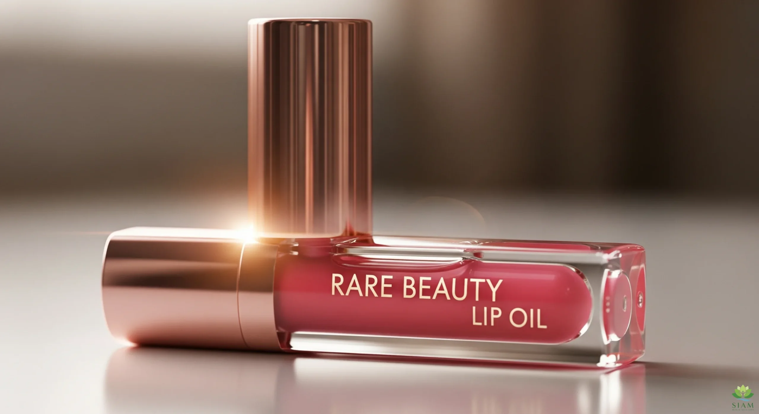 Close-up of Rare Beauty Lip Oil applied to lips, showcasing its glossy, hydrating finish with soft peachy background.