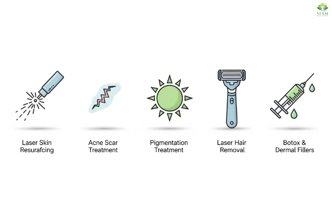 Infographic showcasing the services offered at Blue Skin Laser Spa, including Laser Skin Resurfacing, Acne Scar Treatment, Pigmentation Treatment, Laser Hair Removal, and Botox & Dermal Fillers, with details on purpose, duration, and benefits.