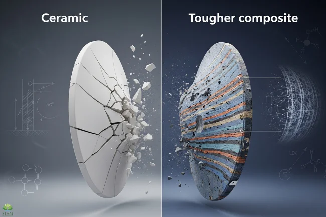 An illustrative image contrasting a shattered white ceramic disc on the left with a highly durable, layered composite material disc on the right, highlighting the development of tougher materials in engineering.