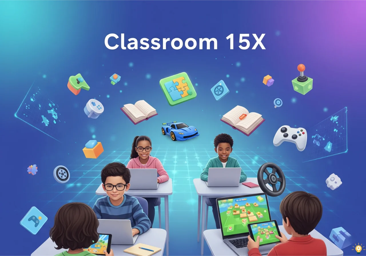 Classroom 15X digital classroom with students playing unblocked games on laptops