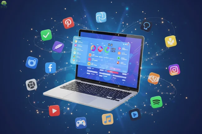 A modern workspace featuring a laptop with a project management app open, surrounded by floating app icons representing design, entertainment, and productivity tools, with a cup of coffee and smartphone nearby. 'Picks from Dolagim Jelpak' displayed prominently.