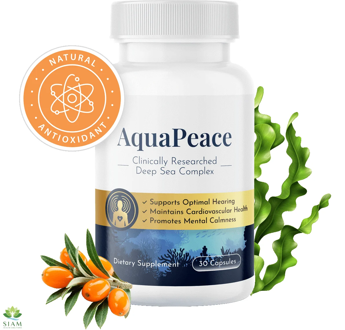 AquaPeace supplement bottle with a natural antioxidant label, featuring deep sea complex ingredients, supporting optimal hearing and cardiovascular health.