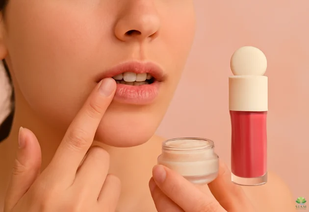 Close-up of a woman exfoliating her lips with a lip scrub, with a visible Rare Beauty Lip Oil bottle in the frame, set against a soft peachy-pink background.