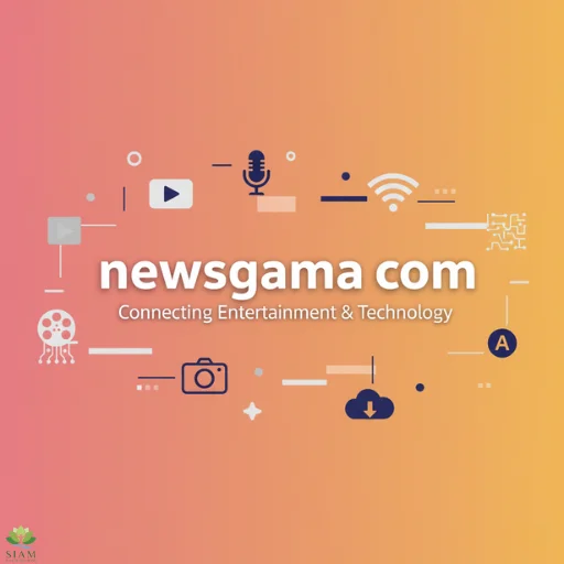newsgama com abstract digital design with tech and entertainment icons, pink and yellow gradient.
