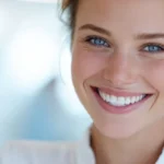 Cosmetic Dentistry: Smiling woman with bright, healthy teeth showcasing a natural, confident smile.