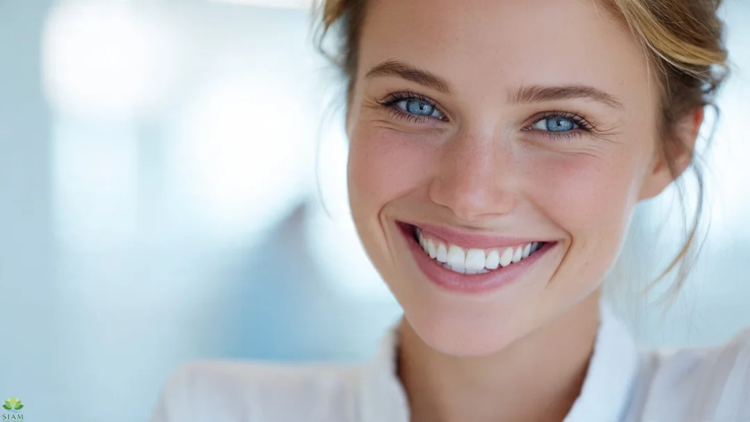 Cosmetic Dentistry: Smiling woman with bright, healthy teeth showcasing a natural, confident smile.