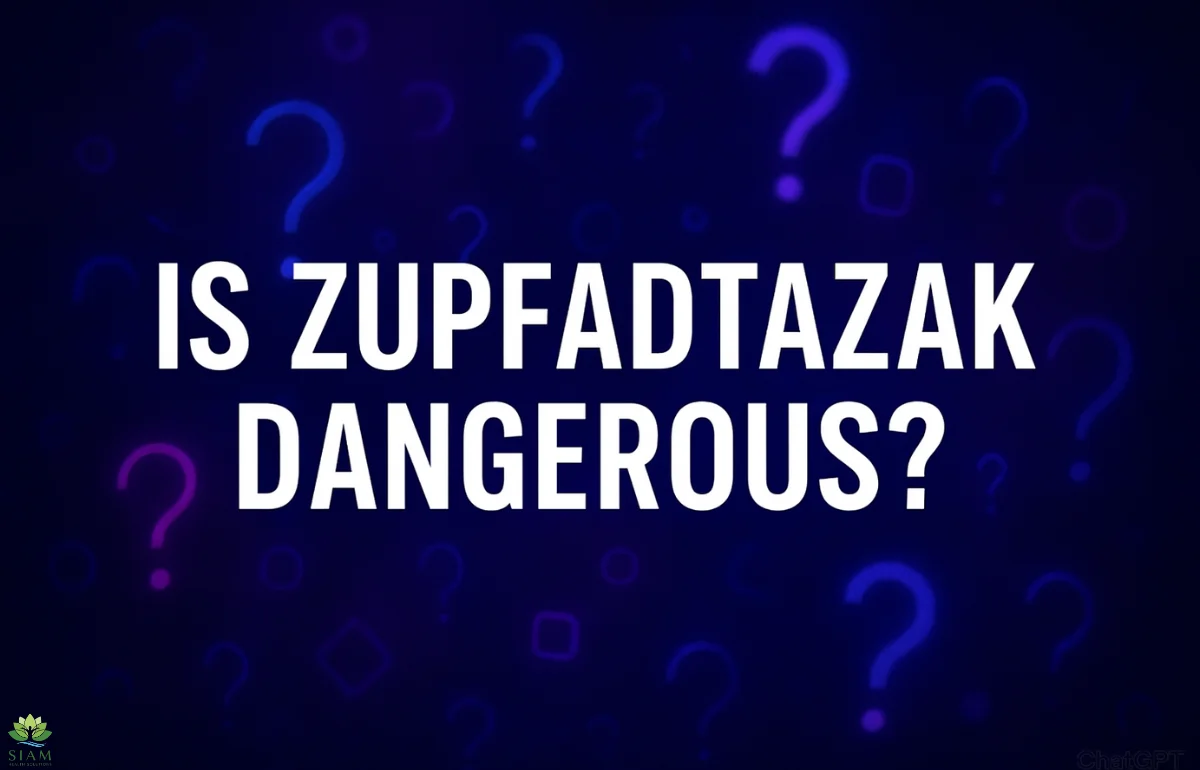 Abstract dark-blue and purple background with glowing question marks and bold text asking Is Zupfadtazak Dangerous, symbolizing mystery and health concerns.