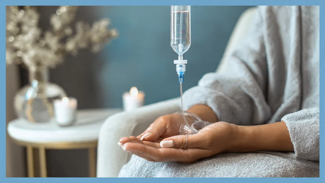 IV Vitamin Hydration therapy in a peaceful wellness setting, with an individual receiving treatment.