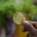 A hand holds a golden Bitcoin coin with a blurred green background, symbolizing the growth and impact of DeFi in the digital finance world.