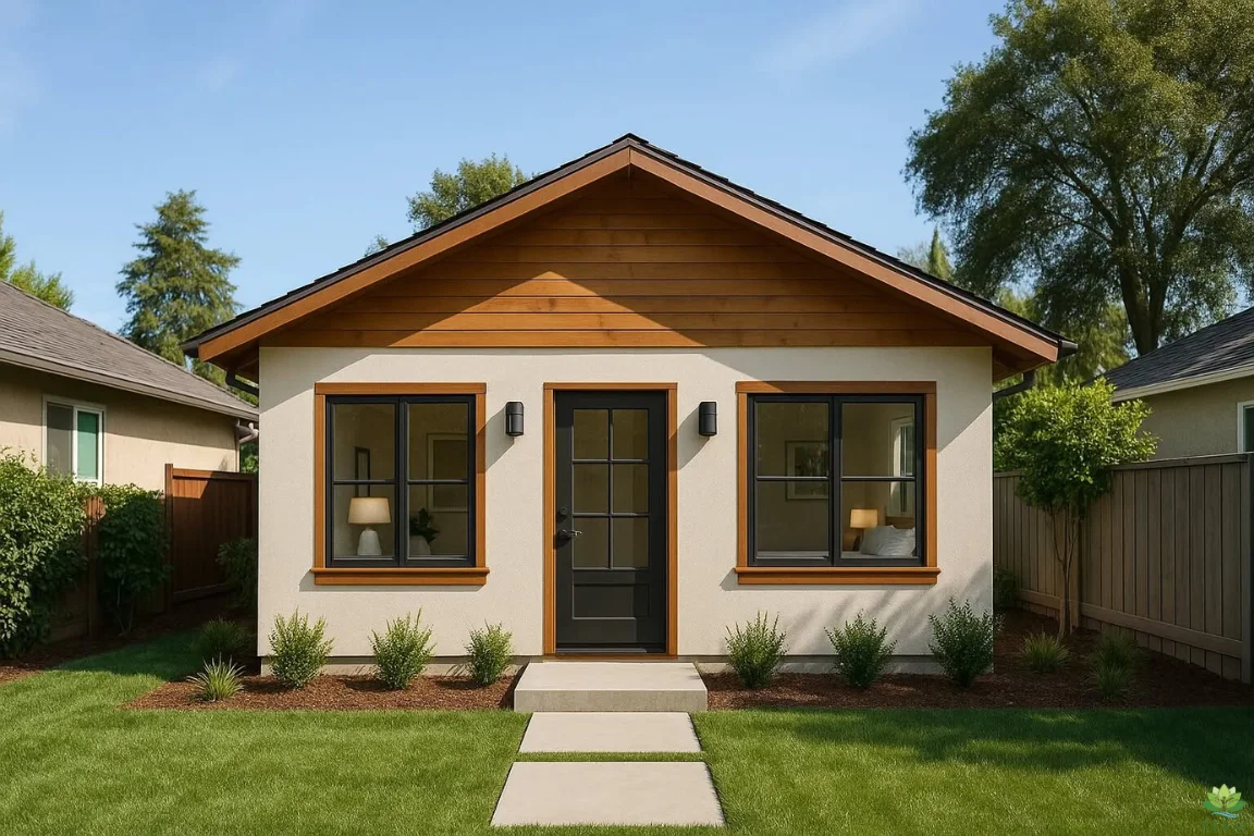 Modern Accessory Dwelling Unit (ADU) by A+ Construction & Remodeling, featuring a sleek, stylish exterior with a wooden roof accent, perfect for expanding living space.